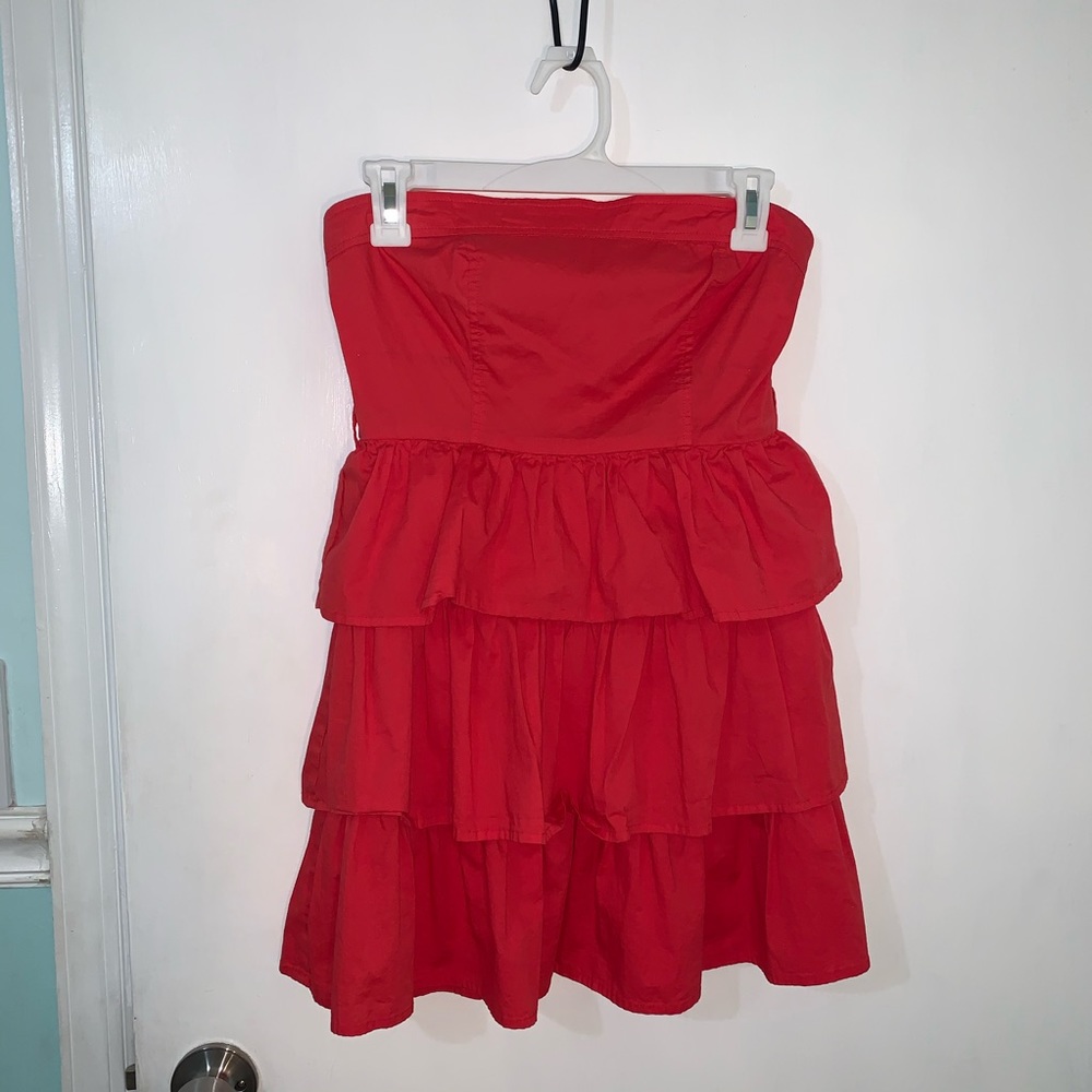 Strapless coral mini dress with ruffles